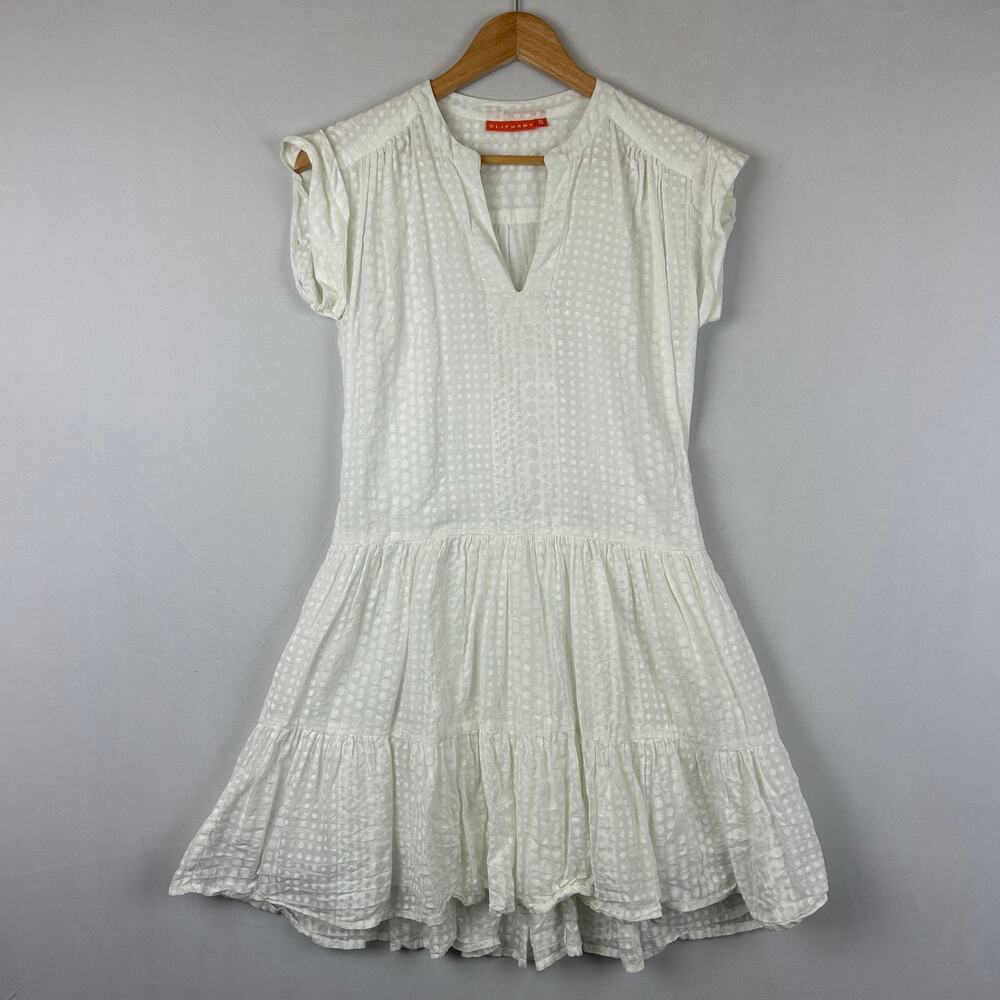 Oliphant Roll Sleeve White Polka Dot Cotton Dress V Neck Mini Women's Size S